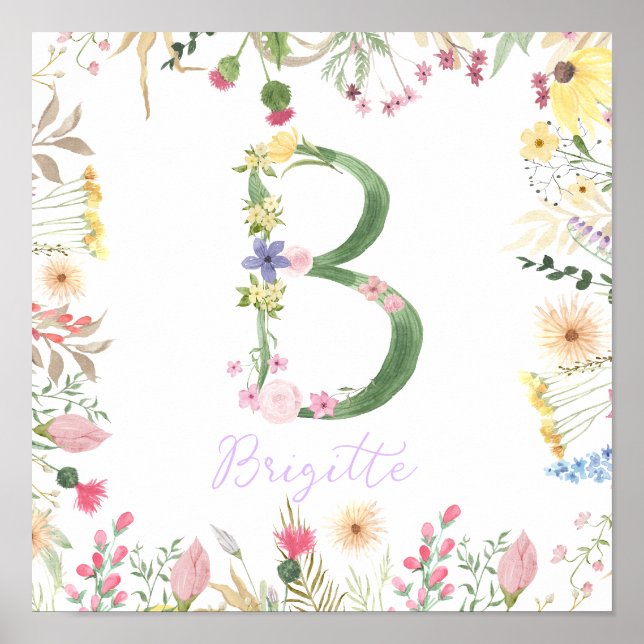 Personlig Blommigt Alphabet Initial Nursery Poster (Framsidan)