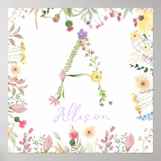 Personlig Blommigt Alphabet Initial Nursery Print Poster (Framsidan)