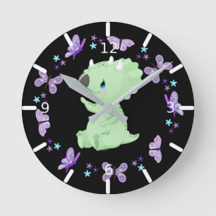 Personlig Blommigt Baby Triceratops & Butterflies Rund Klocka