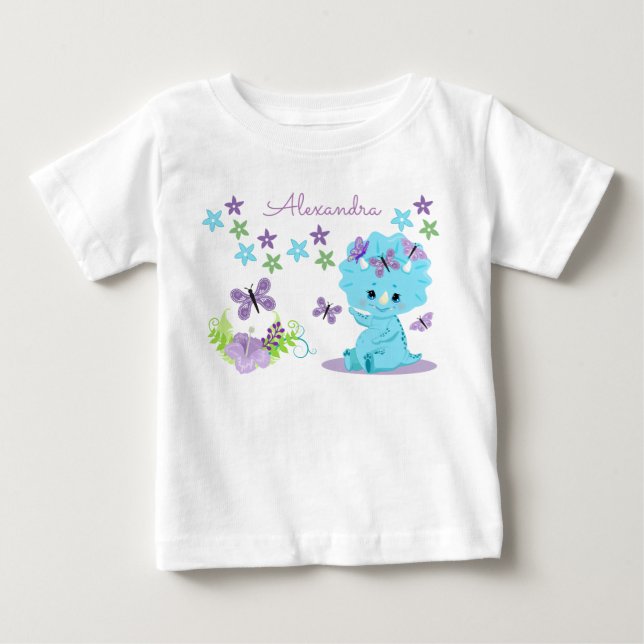 Personlig Blommigt Blue Baby Dinosaur T Shirt (Framsida)