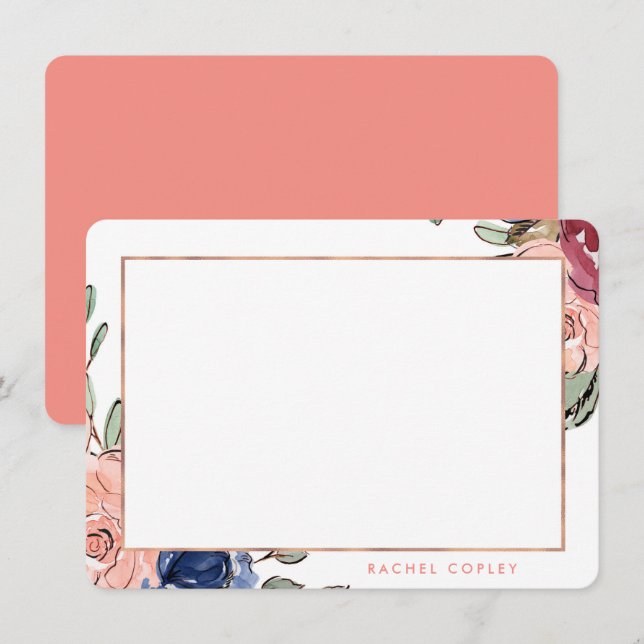 Personlig Blommigt Blue Rosa Elegant Stationery N Anteckningskort (Fram/baksida)