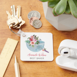 Personlig Blommigt Bowl och Whisker Bakers Nyckelring