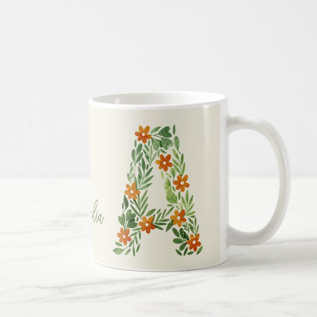 Personlig Blommigt Brev A med Orange Flowers Kaffemugg (Höger)