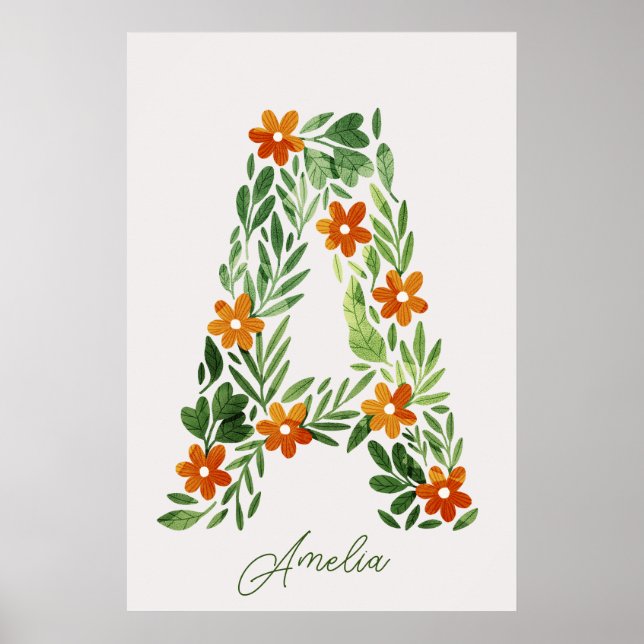 Personlig Blommigt Brev A med Orange Flowers Poster (Framsidan)