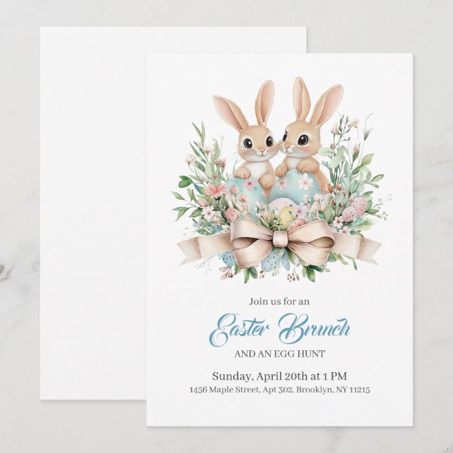 Personlig Blommigt Bunny Påsk Brunch i inbjudninga Inbjudningar (Fram/baksida)