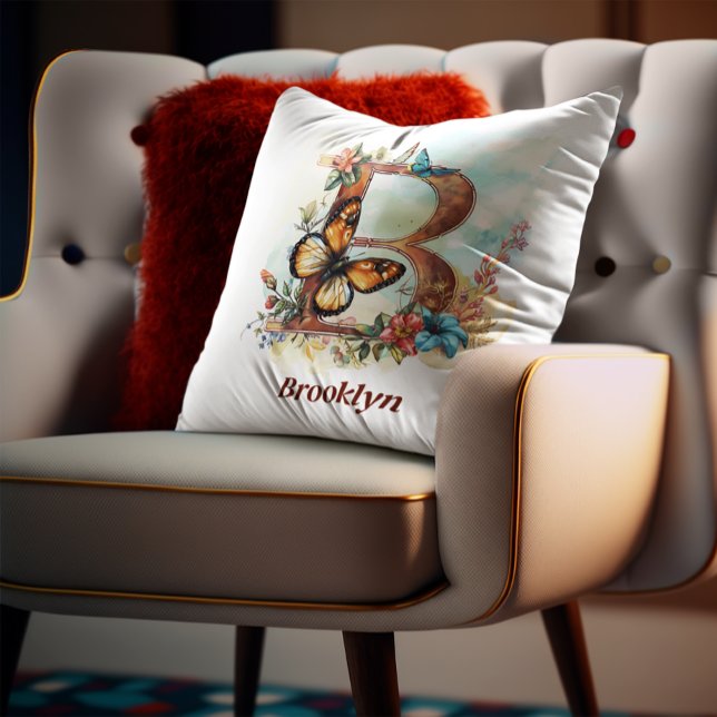 Personlig Blommigt Butterfly Brev B Monogram Kudde (Skapare uppladdad)