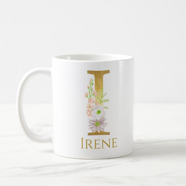 Personlig Blommigt Guld Monogram Brev I Anpassning Kaffemugg (Vänster)