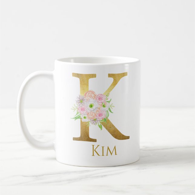 Personlig Blommigt Guld Monogram Brev K Anpassning Kaffemugg (Vänster)