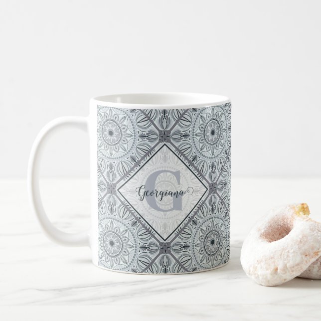Personlig Blommigt Harmony Grått Mandala Kaffemugg (Med munk)