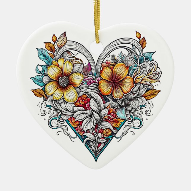 Personlig Blommigt Heart med mentalt meddelande Julgransprydnad Keramik (Framsidan)
