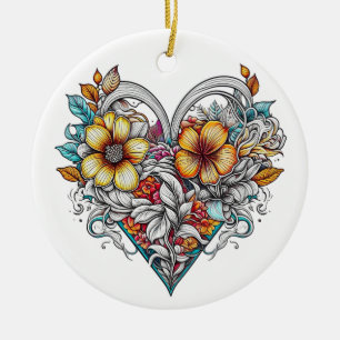 Personlig Blommigt Heart med mentalt meddelande Julgransprydnad Keramik