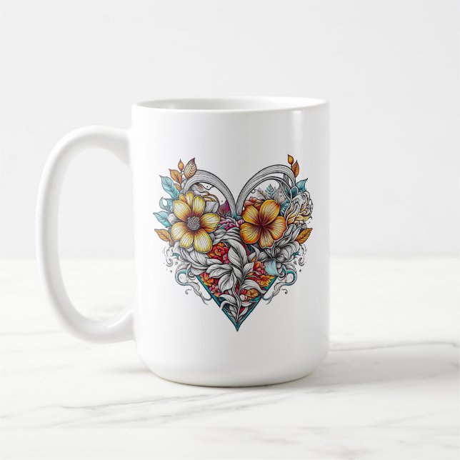 Personlig Blommigt Heart med mentalt meddelande Kaffemugg (Vänster)