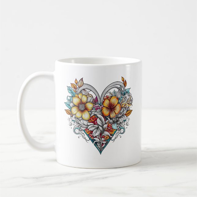 Personlig Blommigt Heart med mentalt meddelande Kaffemugg (Vänster)