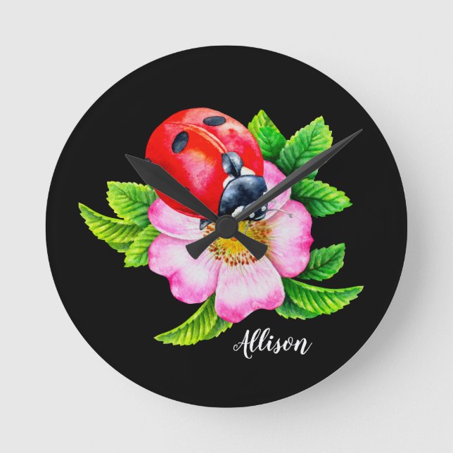 Personlig Blommigt Ladybug Rund Klocka (Framsida)