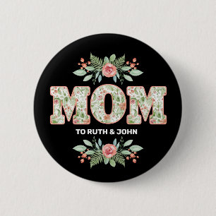 Personlig Blommigt Mamma Kids Namn Mors dag Knapp