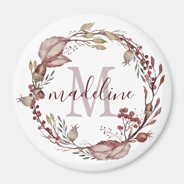 Personlig Blommigt Monogram Autumn Red Foliage Magnet (Framsidan)