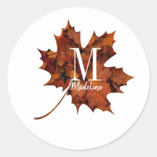 Personlig Blommigt Monogram Fall Maple Löv Runt Klistermärke