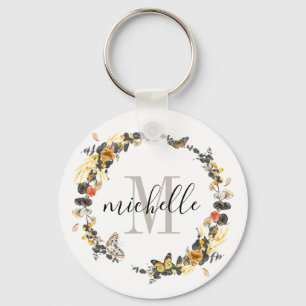 Personlig Blommigt Monogram Golden Fall Foliage Nyckelring