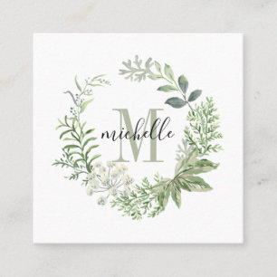 Personlig Blommigt Monogram Grönt Forest Löv Fyrkantigt Visitkort