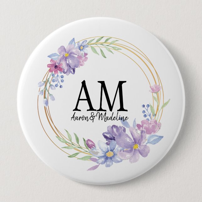 Personlig Blommigt Monogram Lilac Bouquet Knapp (Framsida)