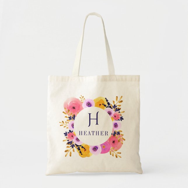 Personlig Blommigt Monogram och Namn Tote Bag Tygkasse (Framsidan)