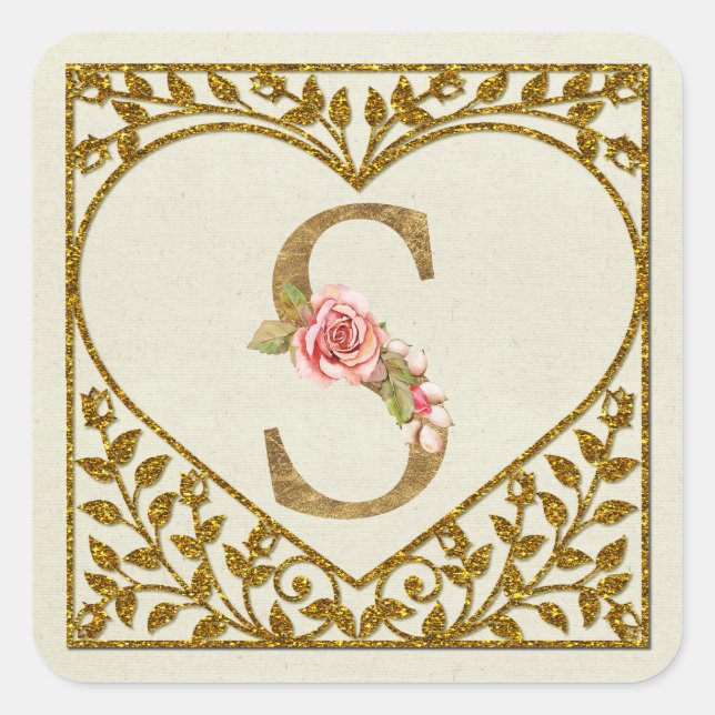 Personlig Blommigt Monogram Sticker Fyrkantigt Klistermärke (Framsida)