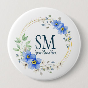 Personlig Blommigt Monogram Vild Blåa blommor Knapp