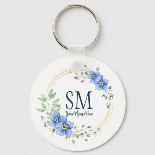Personlig Blommigt Monogram Vild Blåa blommor Nyckelring