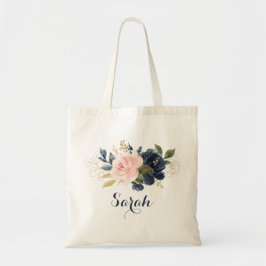 Personlig Blommigt  Navy Greenery Tote Bag Tygkasse