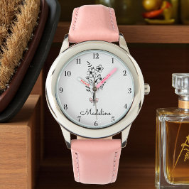 Personlig Blommigt Rosa Bow för flickor Armbandsur