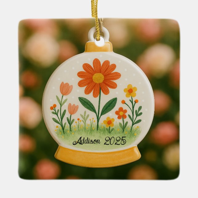 Personlig Blommigt Snowglobe Ceramic Ornament (Framsida)