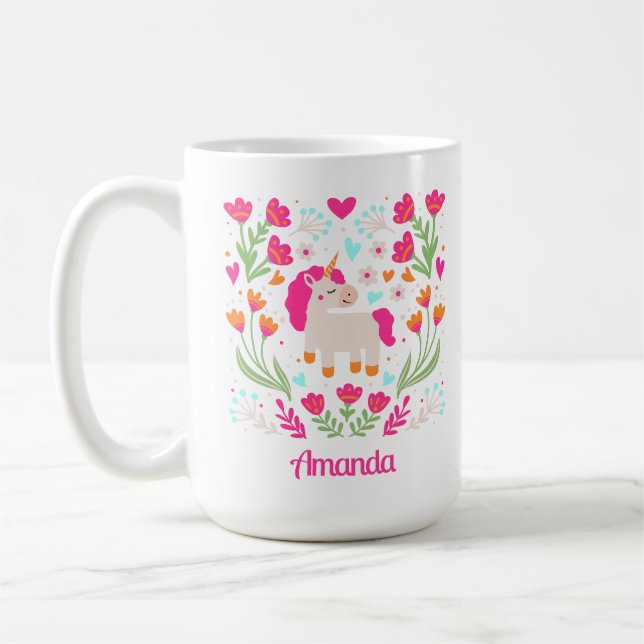 Personlig Blommigt Unicorn Kaffemugg (Vänster)