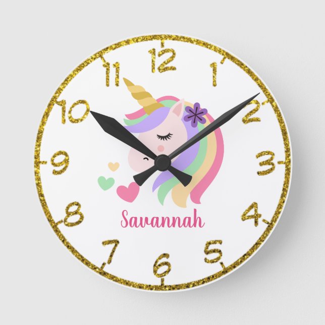 Personlig Blommigt Unicorn Round Clock Rund Klocka (Framsida)