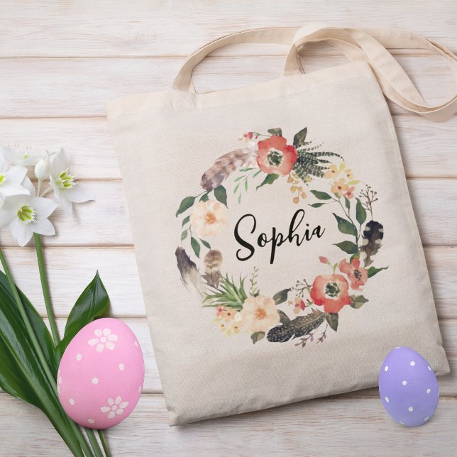 Personlig Blommigt Utandning Påsk Hunt Kids Tygkasse (Easter egg hunt tote bag for kids)