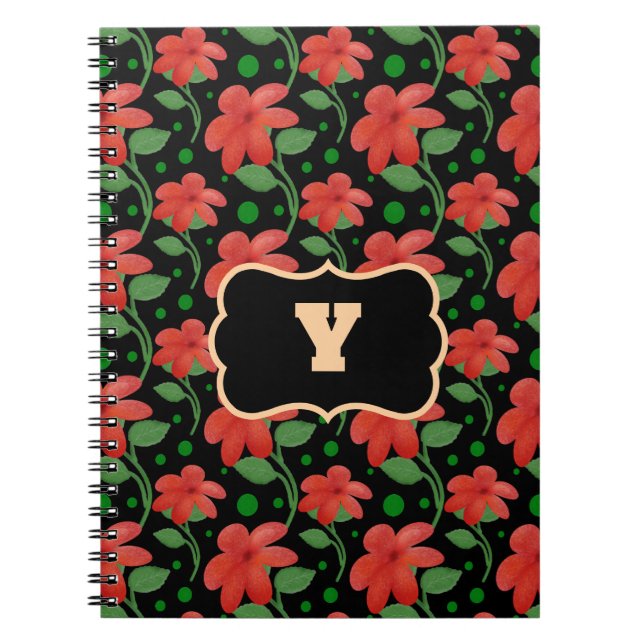 Personlig blommonogramdesign | Röd blomma Anteckningsbok (Framsidan)