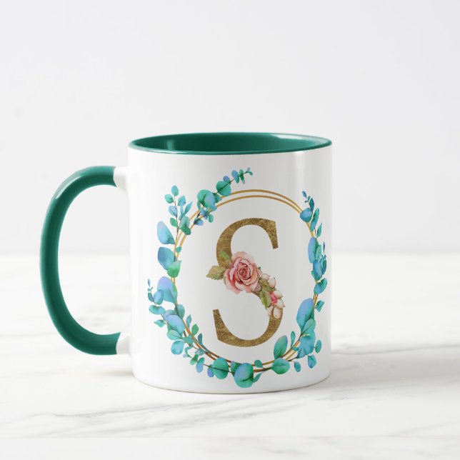Personlig blommonogrammug, från A till Z Mugg (Vänster)