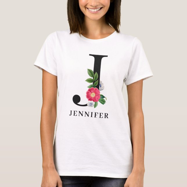 Personlig blomstavskrift J monogram T Shirt (Framsida)