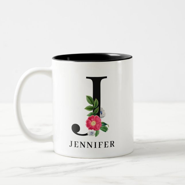 Personlig blomstavskrift J monogram Två-Tonad Mugg (Vänster)