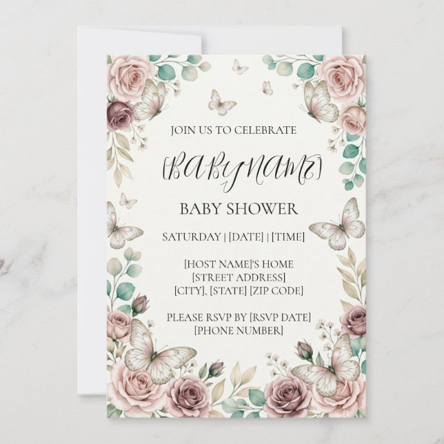 Personlig blomster fjäril baby shower inbjudningar (Framsida)