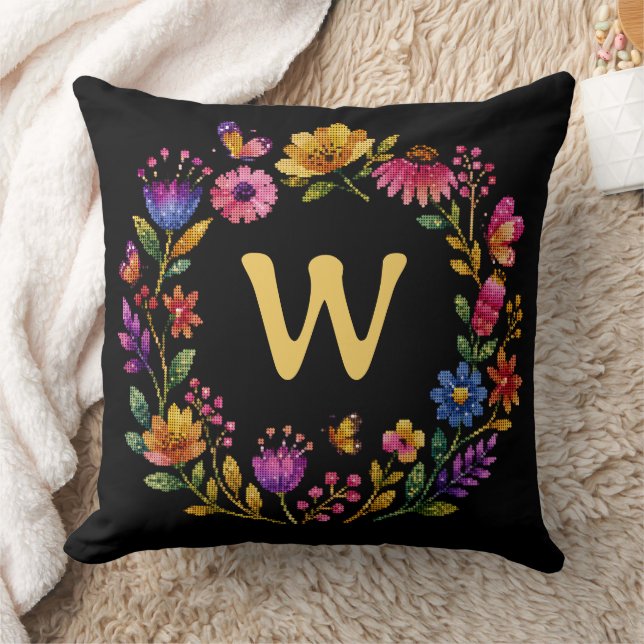 Personlig blomster fjäril monogram krans kudde (Filt)