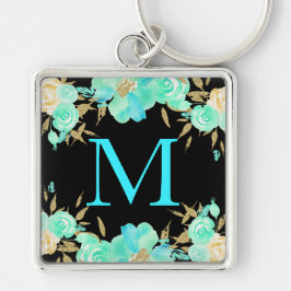 Personlig blomster fyrkantig silverfärgad nyckelring