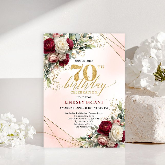 Personlig blomster guldbricka 70-års inbjudningsko inbjudningar (Personalized floral gold 70th birthday invite card

)