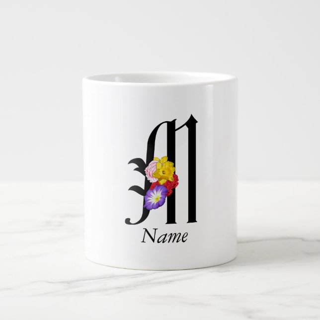Personlig blomster-monogram M + Namn Jumbo Mugg (Framsidan)