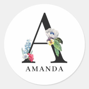 Personlig blomsteralfabet A monogram Runt Klistermärke