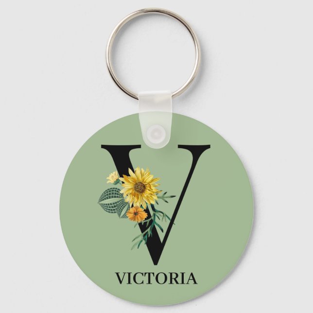 Personlig blomsteralfabet V monogram Nyckelring (Framsida)