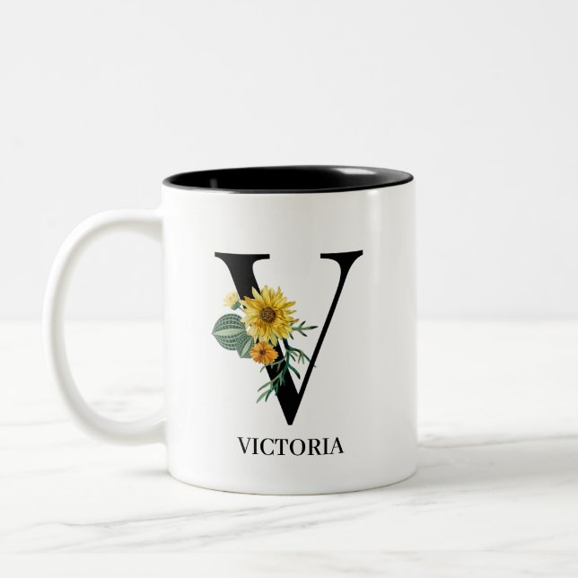 Personlig blomsteralfabet V monogram Två-Tonad Mugg (Vänster)