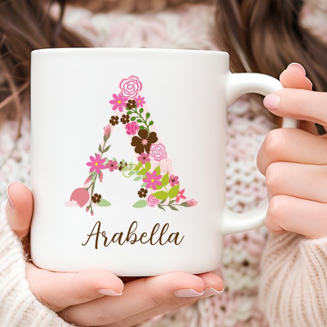Personlig blomsterbokstav A monogram rosa blomma Kaffemugg (Personalized Monogram Floral Letter A Coffee Mug)