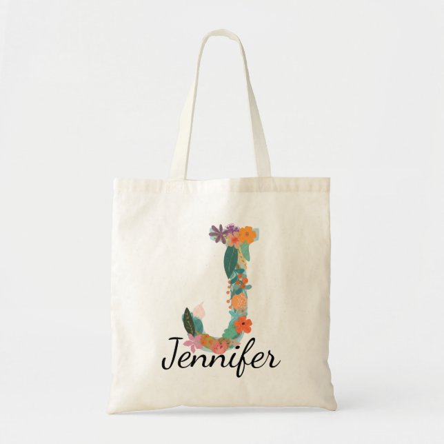Personlig blomsterbokstav J monogram botanisk  Tygkasse (Framsidan)