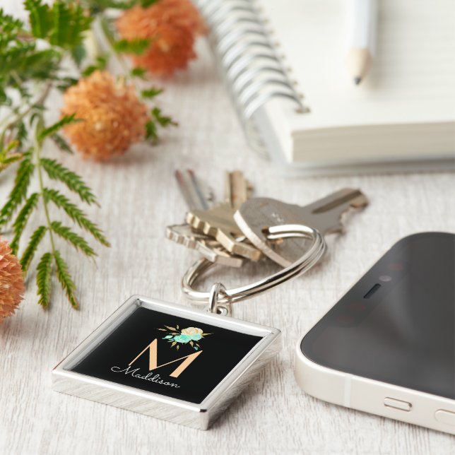 Personlig blomsterbukett fyrkantig silverfärgad nyckelring (Sidan)