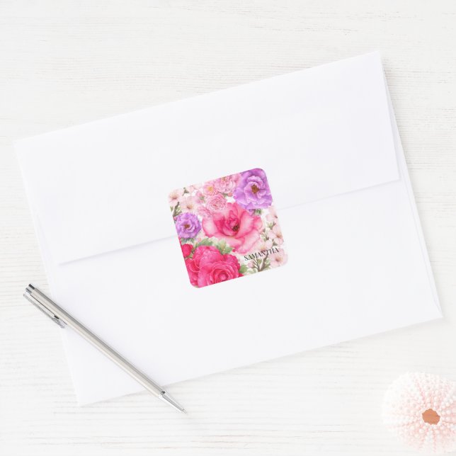 Personlig blomsterdesign fyrkantigt klistermärke (Kuvert)
